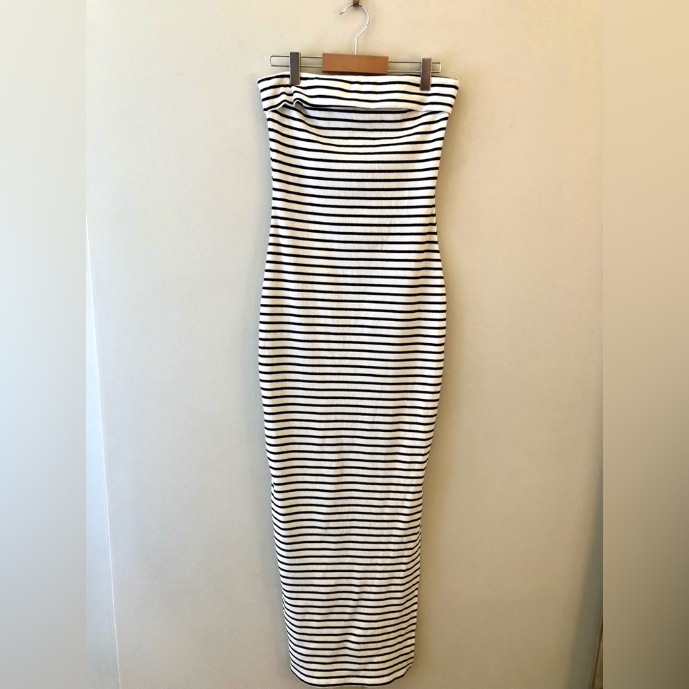 Striped Black & White Strapless Maxi Dress